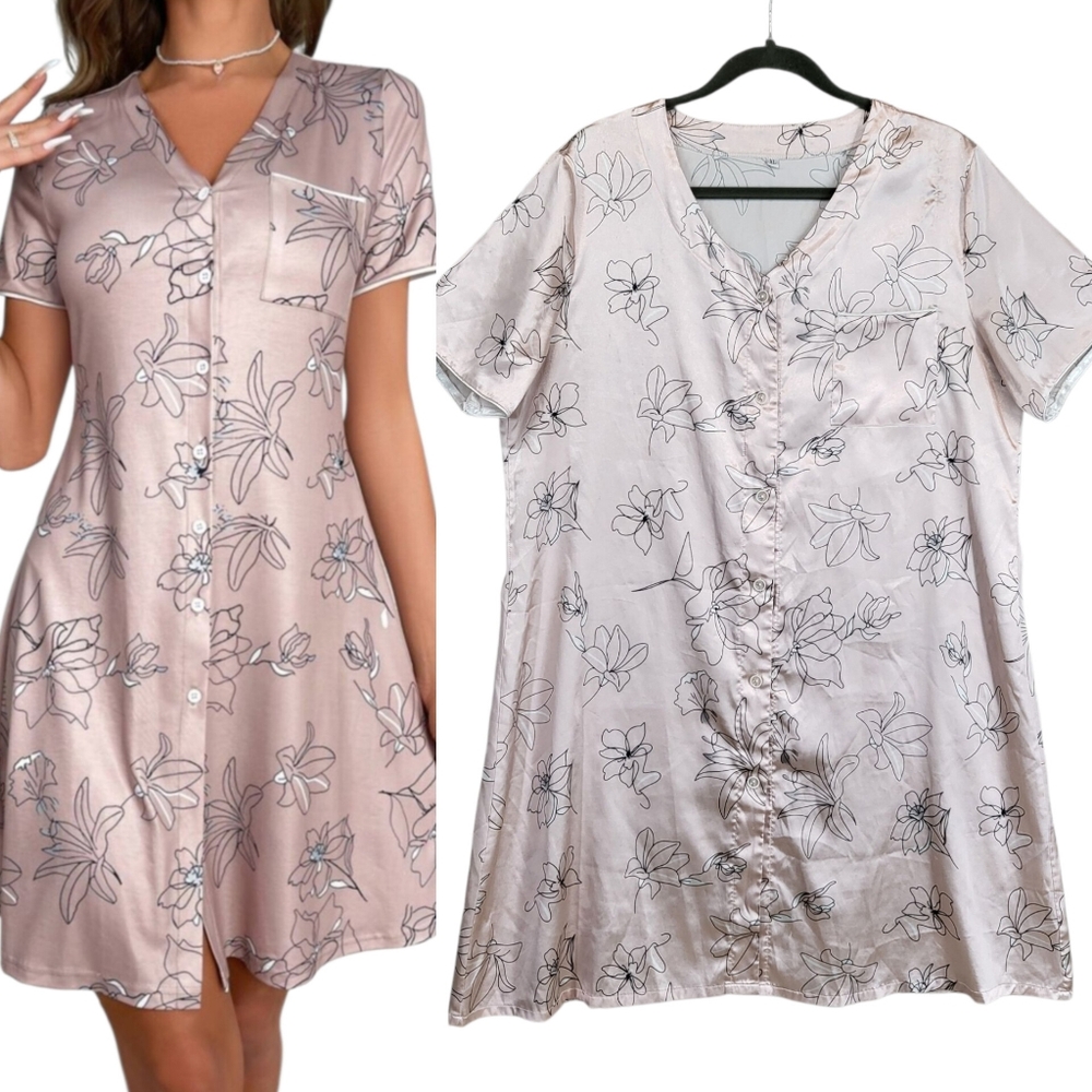 Shein Pink Floral Satin Pijama Button Front Silky Nightgown Sleep Shirt Size XL